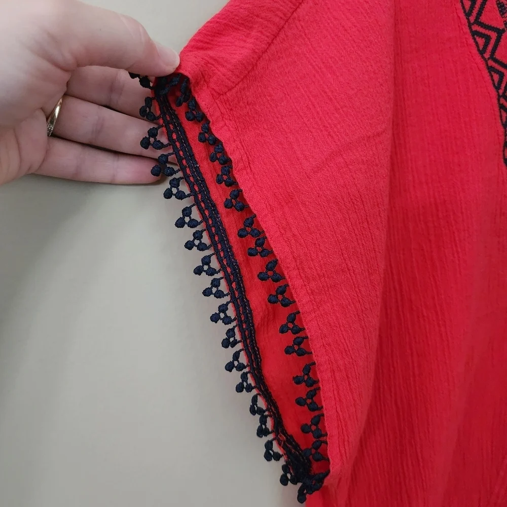 J. Crew Red Navy Blue Embroideeed Pom Pom Tunic Cotton Top Size S Women - Picture 7 of 8